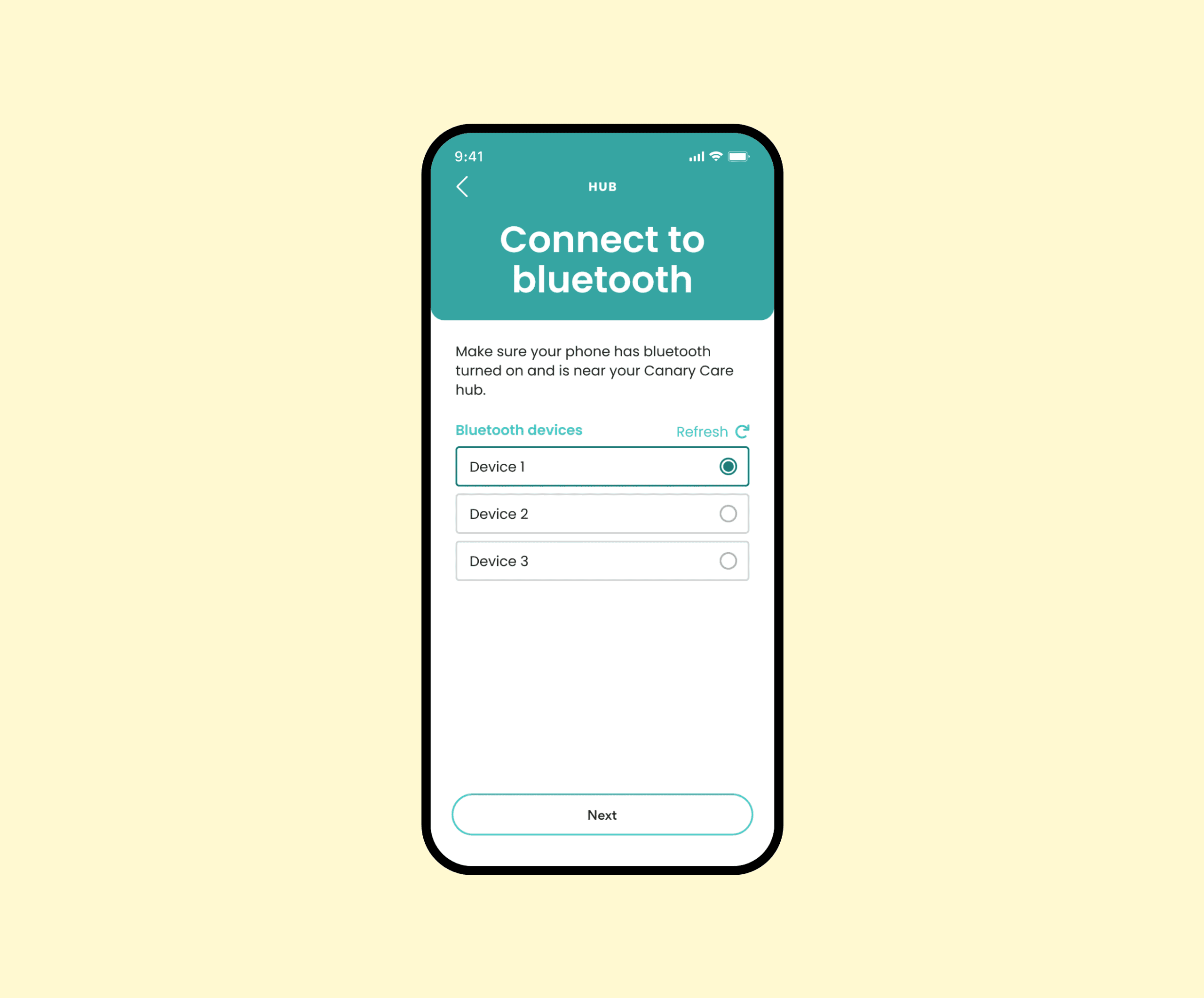 Mobile phone displaying Bluetooth connection instructions in the Canary Care Portal to complete smart hub installation.