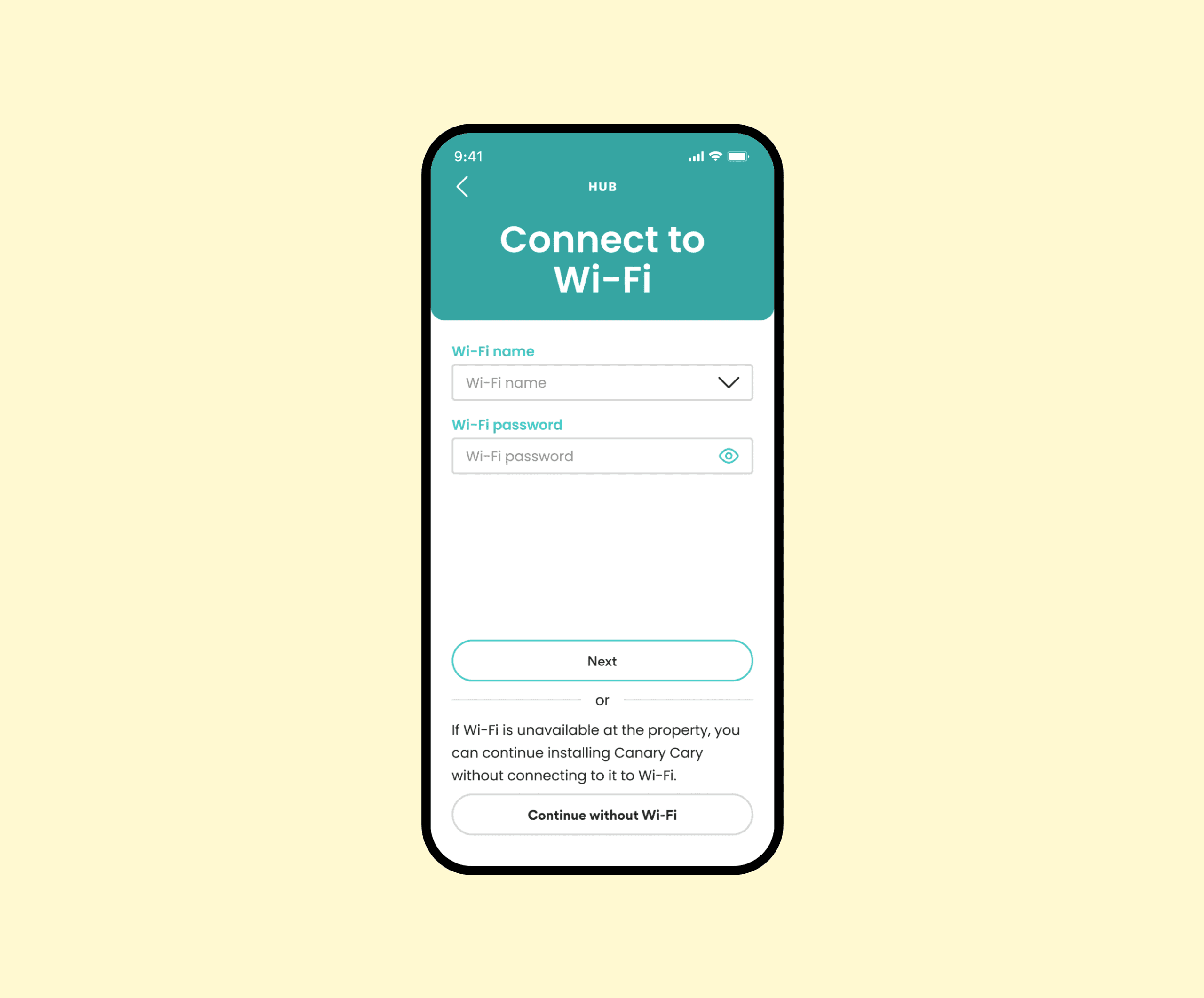 Mobile phone displaying Wi-Fi connection instructions in the Canary Care Portal to complete smart hub installation.