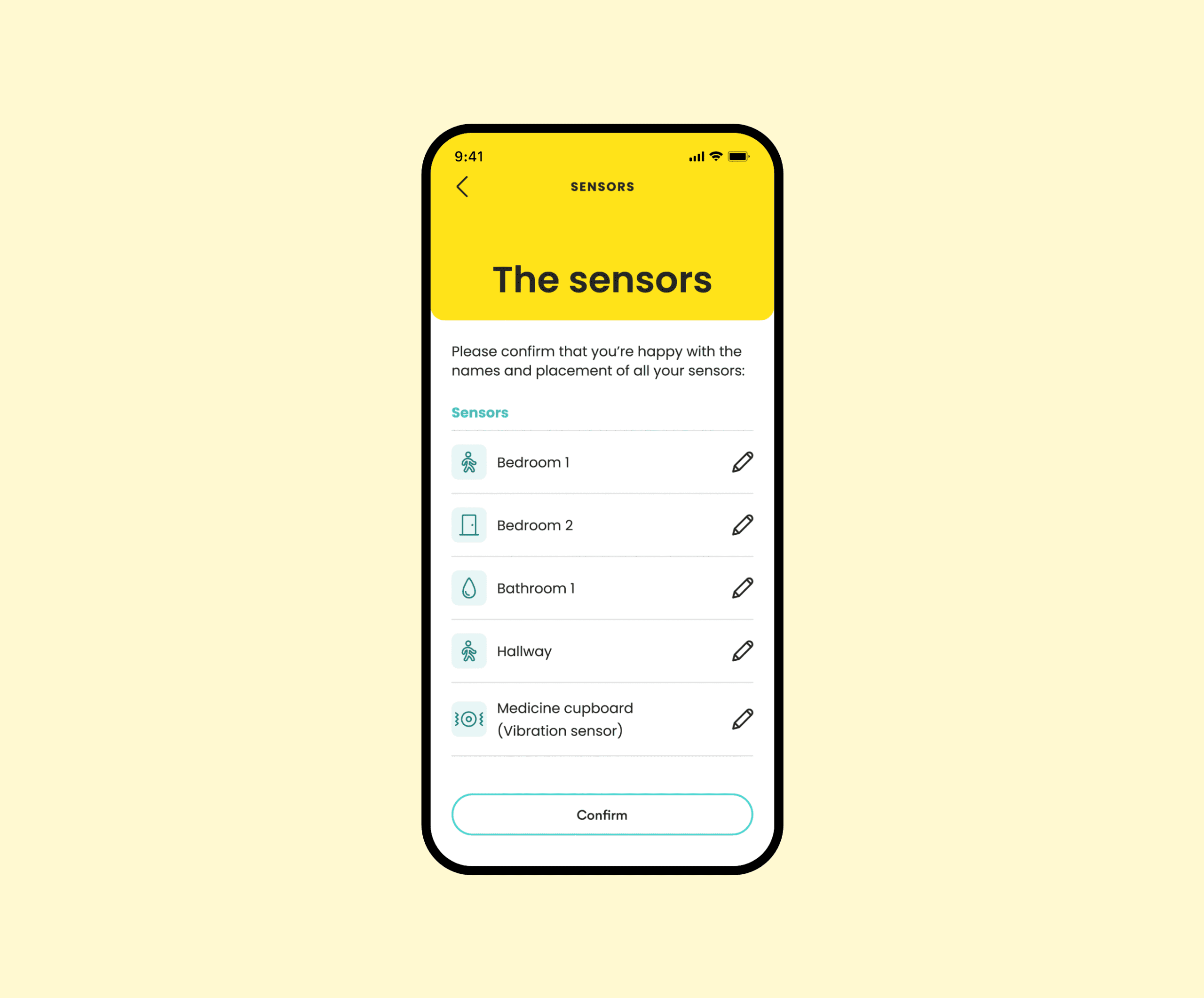 Mobile phone displaying motion sensor placement and name allocation instructions in the Canary Care portal.