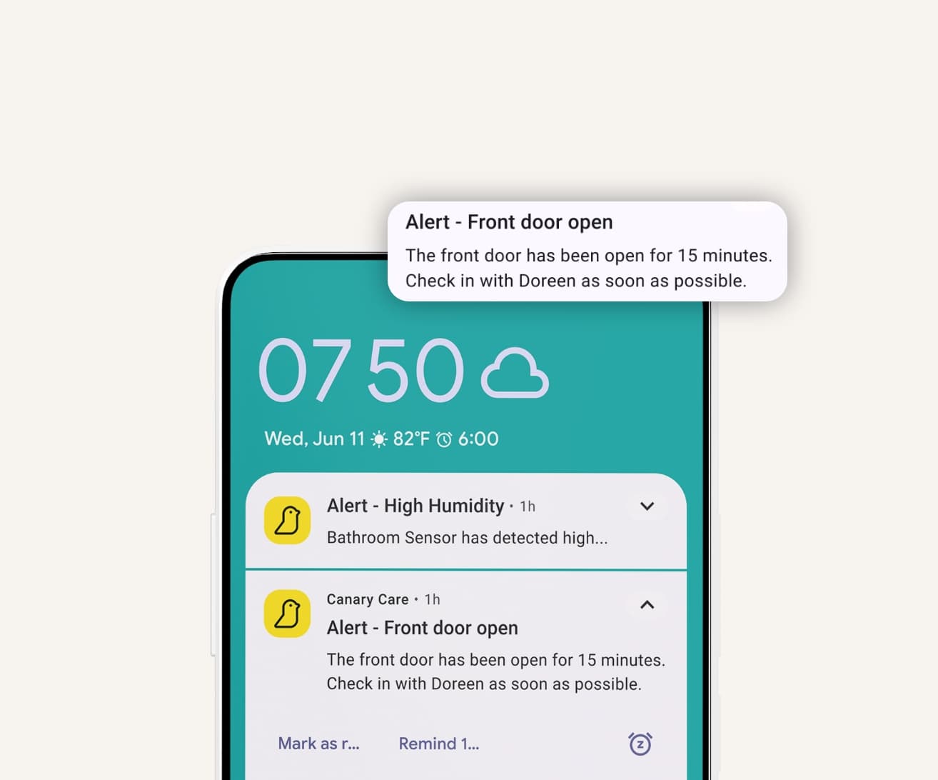 Canary Care Portal notifications on a mobile phone, keeping carers and families informed on someone's wellbeing from afar.