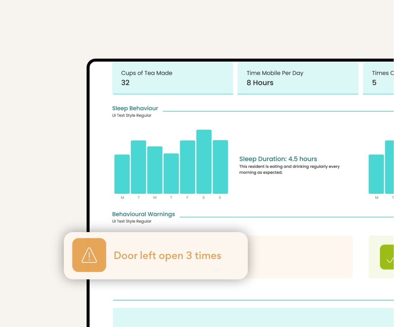 Canary Care Portal Reporting dashboard showing a bar chart of live home activity alerts, including sleep duration.