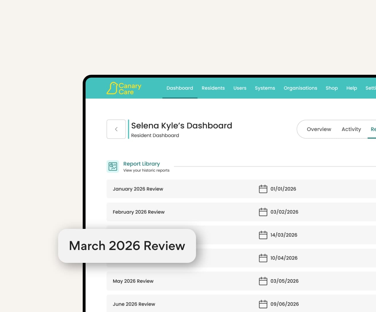 Canary Care Portal Reporting dashboard, displaying a monthly Report Library timeline of historic activity for one resident.