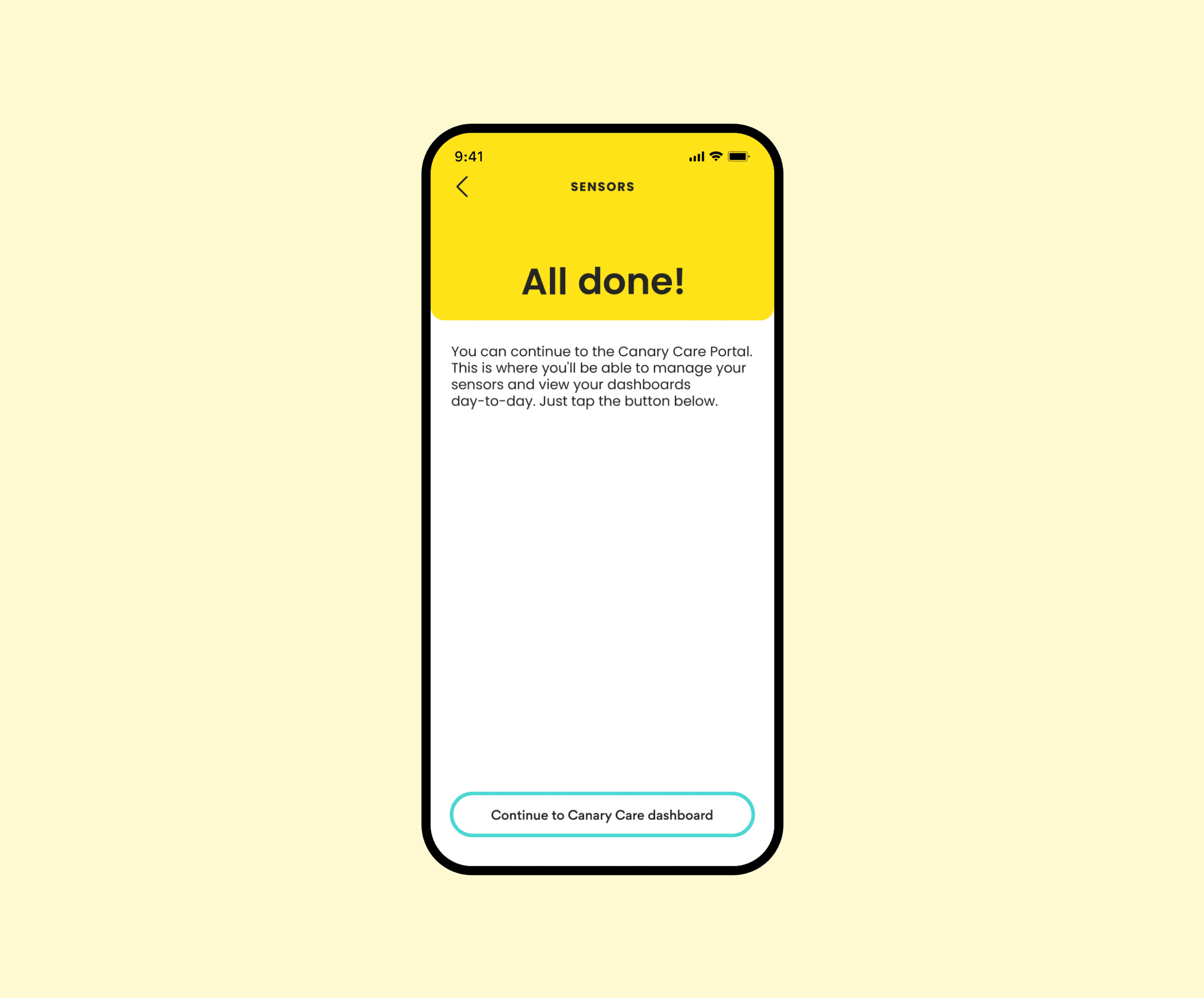 Mobile phone displaying an 'All Done' message in the Canary Care Portal showing that the Canary Care kit install is complete.
