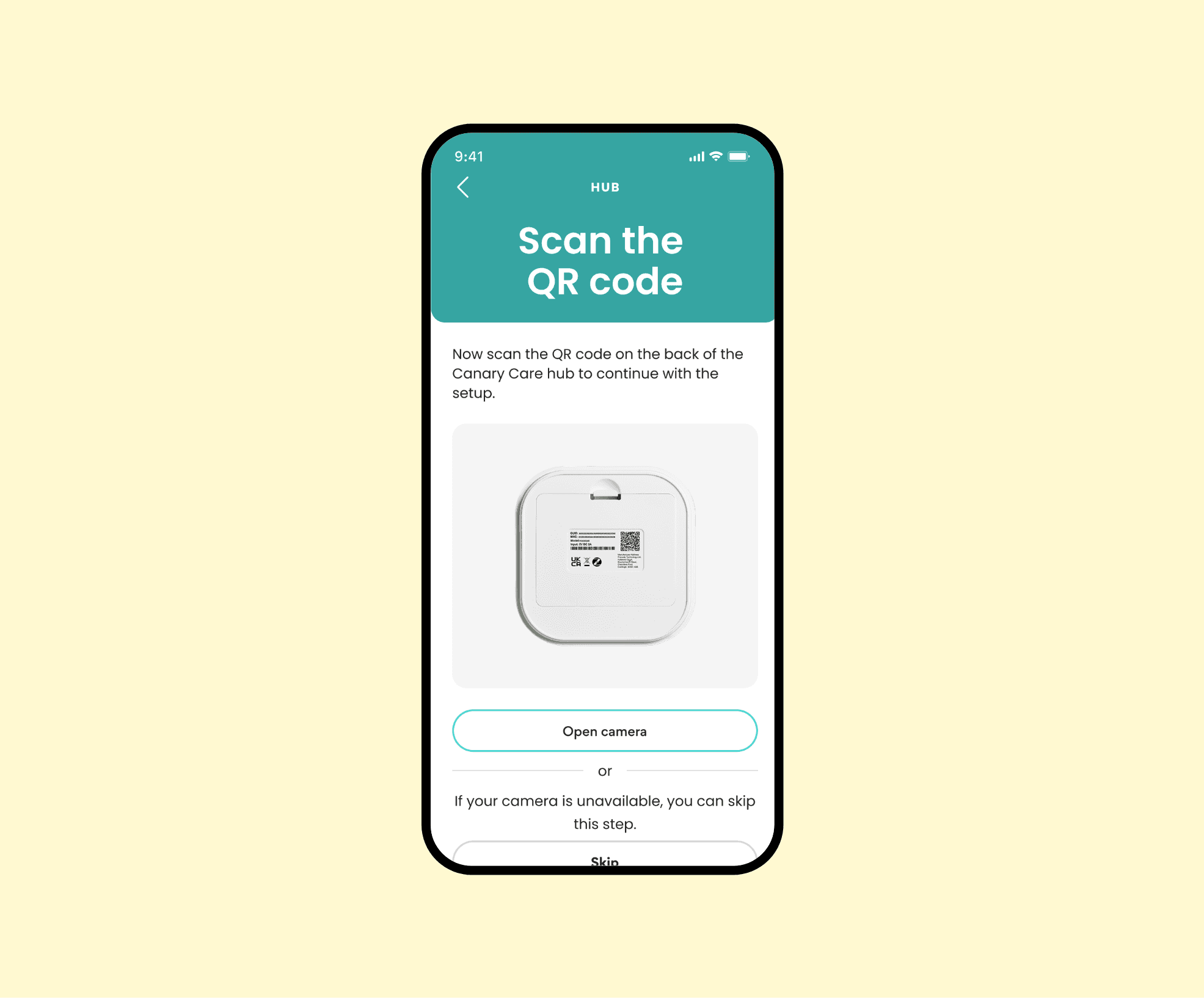 Mobile phone displaying smart hub installation instructions on the Canary Care portal.